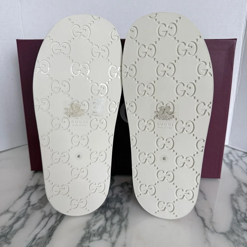 Gucci GG Canvas Platform Slide Sandals Light Pink Monogram Leather Trim 37